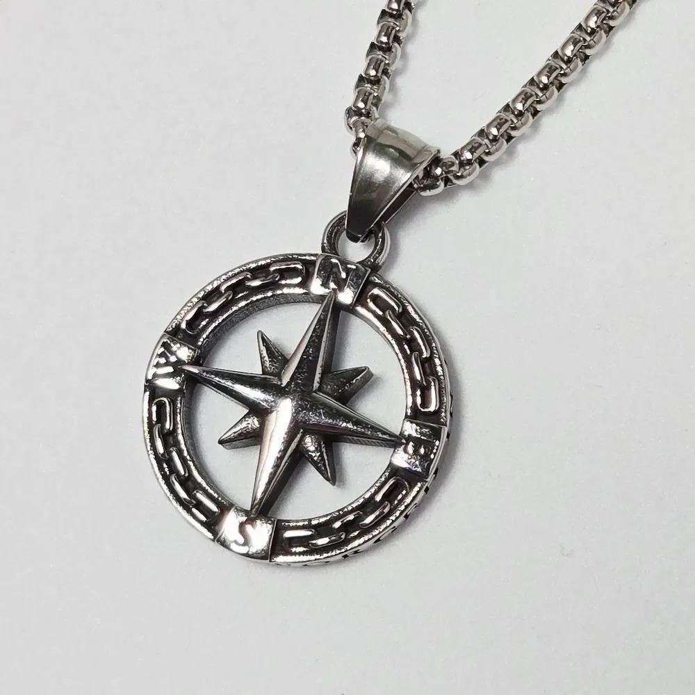 Compass Necklace 316L Stainless Steel 24” Men's Viking Norse Nautical Pendant